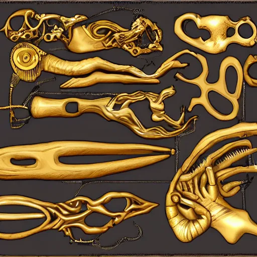 Image similar to gold tools designed in the style of body horror