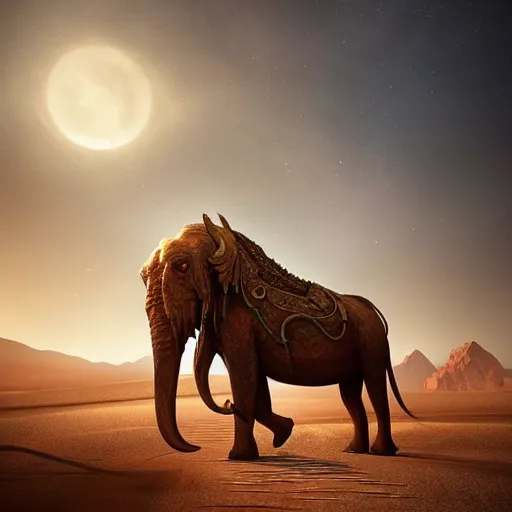 Prompt: golden mammoth in the dessert, artstation, midjourney, dall - e 2, cgsociety, cgi, digital, illustration, arts, realistic, awards winning, dramatic, cinematic, artistic, famous, detailed