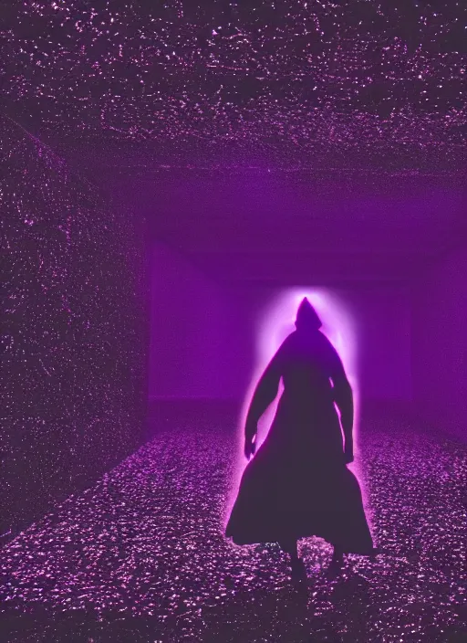 Image similar to a symmetrical female silhouette walking, astral projection, purple glowing aura, out of body experience, film grain, cinematic lighting, experimental film