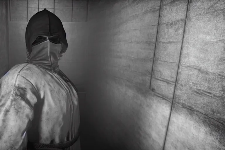 Prompt: a cinematic portrait of a prisoner dressed in a a black and white hazmat suit in a small prison cell, red dead redemption 2, dust storm, annie leibovitz and zack snyder, 8 k, hd, high resolution, 8 5 mm, f / 1. 8