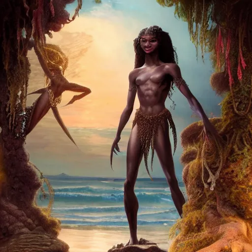 Image similar to zendaya as a dark - skinned la sirene haitian mermaid goddess, ultra realistic, concept art, intricate details, highly detailed, photorealistic, octane render, 8 k, unreal engine, art by frank frazetta, simon bisley, brom