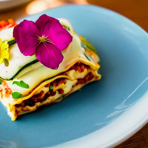 Prompt: zucchini lasagna filled with ground chicken, ras el hanut creme fraiche, topped with camembert cheese and edible flowers, michelin starred restaurant, food photography