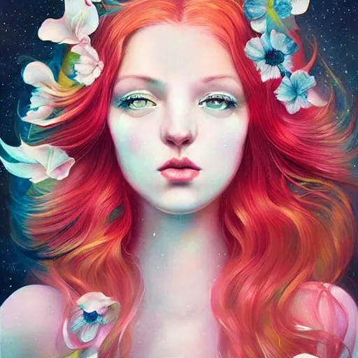 Image similar to aesthetic! angelic! redhead portrait by Anna Dittmann and Harumi Hironaka and Filip Hodas, flowers, magical, artsy