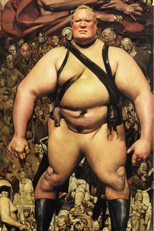 Image similar to full length portrait of huge hulking muscular kenneth mcmillan as baron vladimir harkonnen, simple background, painted by jack kirby, lawrence alma tadema, norman rockwell, greg staples, wayne barlow, neville page