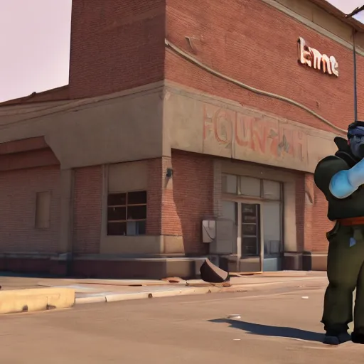 Prompt: heavy from team fortress 2 in real life outside a walmart, dslr, 8 k, octane beautifully detailed render, warm mood, cinematic lighting, detailed photo, masterpiece, volumetric lighting, ultra realistic, highly detailed, high quality, lossless, photorealistic