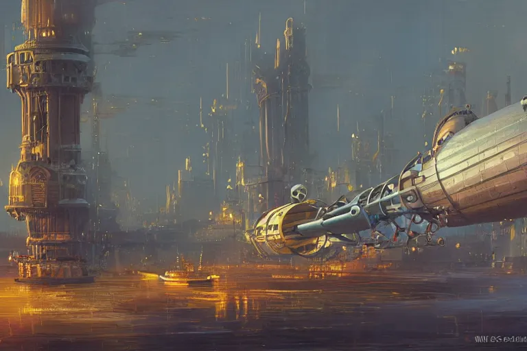 Prompt: wide view of a steampunk airship docking with a tall tower, fog, volumetric lighting, intricate, elegant, highly detailed, digital painting, artstation, concept art, smooth, sharp focus, art nouveau, art by syd mead and john berkey