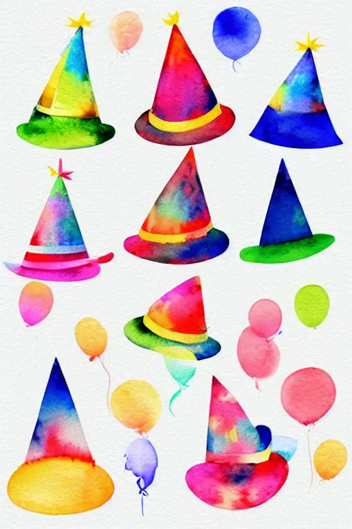 Image similar to minimalist watercolor art of birthday party hats on white background, illustration, vector art