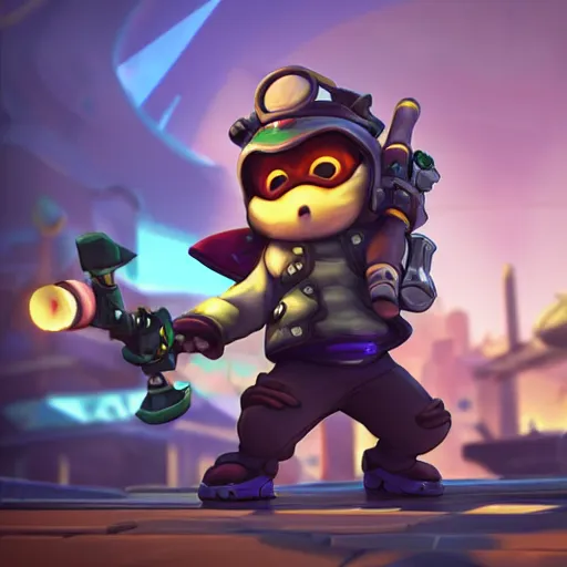 Image similar to teemo is the newest overwatch character, kings row in the background, octane render, blender render, unreal engine, standing pose, cinematic lighting, symmetrical, never underestimate the power of the scouts code