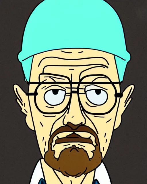 Image similar to portrait of walter white in the style of justin roiland. heisenberg from breaking bad. cinematic lighting. style of rick & morty. photographic, photography. by justin roiland