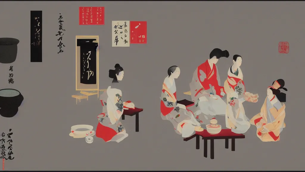 Image similar to a small tea ceremony, japan, a collage painting, in the style of wes anderson, lola dupre, david hockney, isolated on negative white space background dark monochrome neon spraypaint accents volumetric octane render