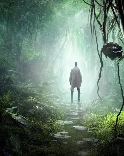 Image similar to a powerful wizard walking towards an ominous creature in a densely overgrown, eerie jungle, fantasy, stopped in time, dreamlike light incidence, ultra realistic