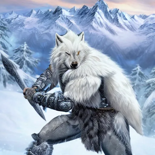 Image similar to A White Wolf barbarian on top a snowy mountains, highly detailed award winning character illustration trending on artstation, 4k