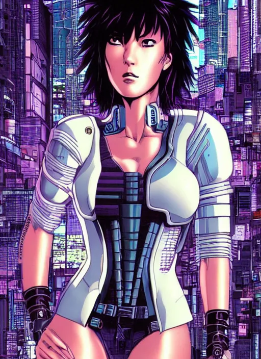 Image similar to motoko kusanagi in grungy cyberpunk megacity, intricate and finely detailed, cyberpunk vaporwave, portrait by j scott campbell, phil jimenez, ilya kuvshinov