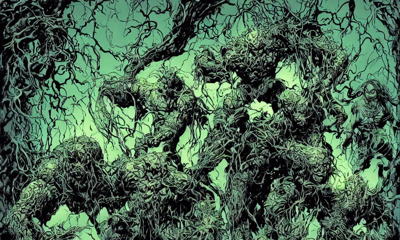 Prompt: swamp thing in a dynamic action pose, forward angle, dramatic night lighting, by bernie wrightston, mike mignola and bill sienkiewicz, monstrous faces blended in the background scenery, canopy of drippy trees