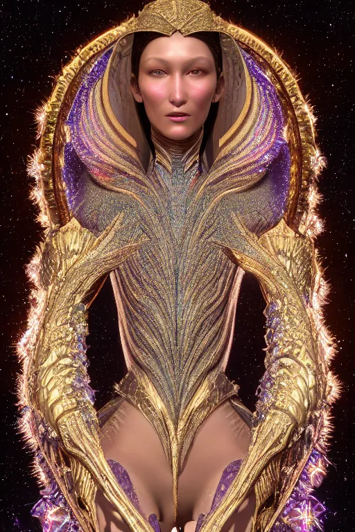 Image similar to a highly detailed metahuman 4 k close up render of an alien goddess bella hadid as galaxy in iris van herpen dress schiaparelli in diamonds crystals swarovski and jewelry in style of alphonse mucha gustav klimt trending on artstation made in unreal engine 4