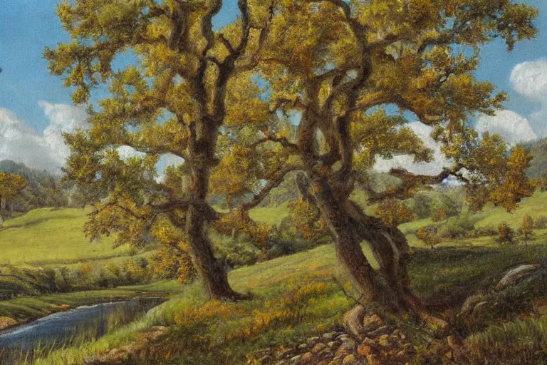 Image similar to masterpiece painting of oak trees on a hillside overlooking a creek, by gunnar widforss