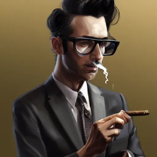 Prompt: a man with black hair, a stubble and suit smoking a cigar with glasses on,D&D, sci-fi, elegant, hopeful, muscular, highly detailed, digital painting, artstation, concept art, smooth, sharp focus, illustration