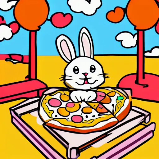 Prompt: cartoon bunny is eating pizza, colorful art