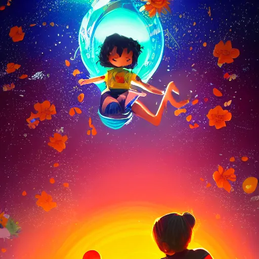 Prompt: two children silhouettes floating in opposition in zero gravity through spacetime in a loose tangle of retro console cables and controllers, flowing lines, dreamy atmosphere, surrounded by individual shimmering tiny flower petals and retro gaming collectibles, trending on artstation, hyper realistic, ross tran, WLOP