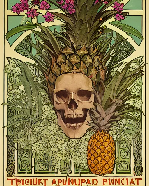 Image similar to Poster of an ancient skull with pineapple leaves growing out of the top art surrounded by varities of flowers, cell shading, by Alphonse Mucha, Moebius, hiroshi yoshida, Art Nouveau, colorful, ultradetailed, vivid colour, 3d