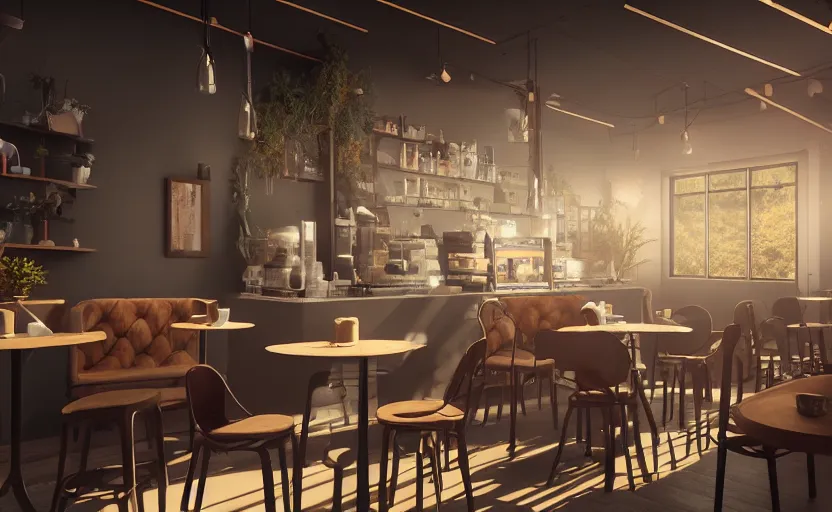 Image similar to a coffe shop, octane render, artstation trending, highly detailded