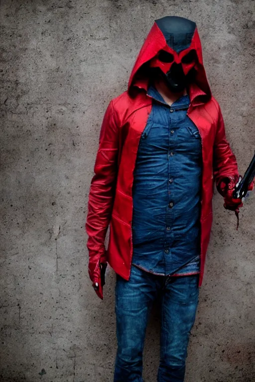 Image similar to red hood cosplay, creepy, disturbing, bloody, darkness, grainy, urban, jeans, white jacket