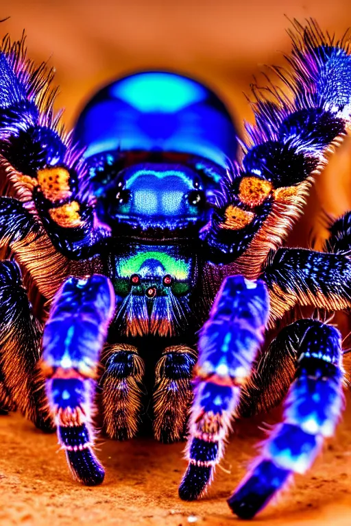 Prompt: high quality macro photo iridescent tarantula! jewelled supercute! highly detailed david ligare elson peter cinematic blue neon lighting high quality low angle hd 8k sharp shallow depth of field