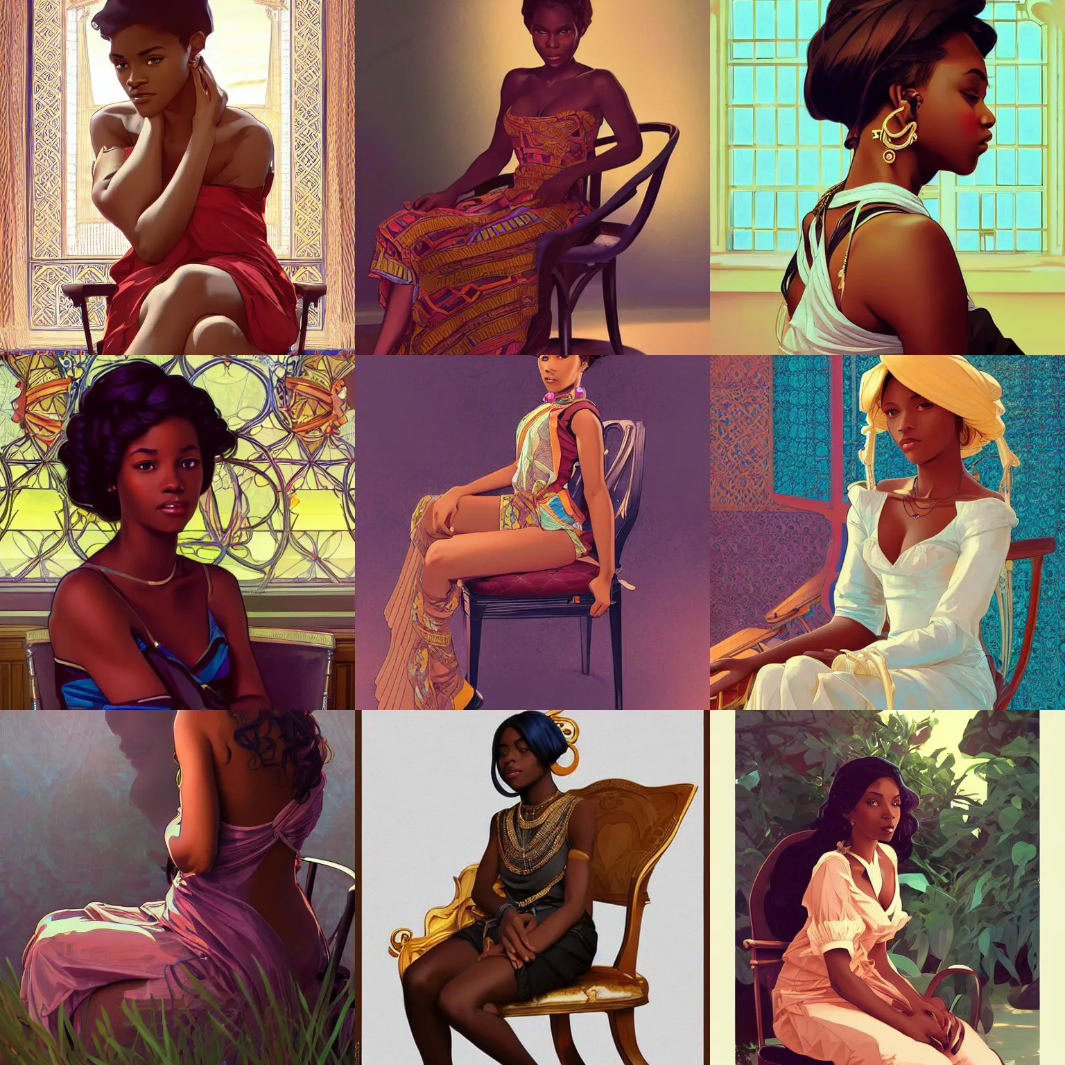 Prompt: beautiful girl of african ethnicity sitting in a chair. highly detailed, digital painting, artstation, concept art, smooth, sharp focus, illustration, art by artgerm and alphonse mucha, high definition digital art, in the style of ilya kuvshinov and Ross tran