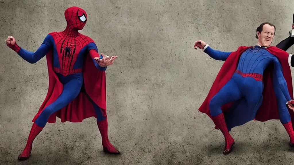 Image similar to movie still of victorian era spiderman wearing a cape arguing with gene hackman from the new pride & prejudice movie, realistic, 8 k