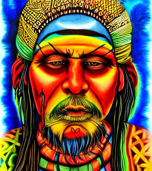 Image similar to Portrait painting in a style of Alex Grey of an old shaman dressed in a colorful traditional clothes. Psychodelic