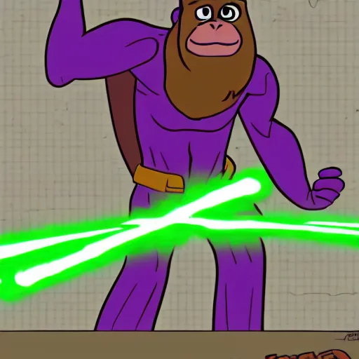 Image similar to purple gorilla using a green light saber in the desert comics style, in rick sanches garage