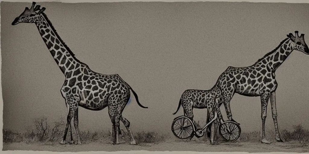 Prompt: giraffe pig hybrids riding bicycles, sepia toned illustration