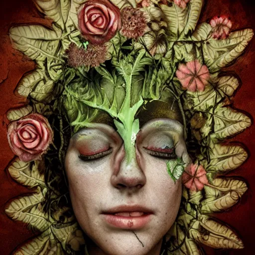 Image similar to a beautiful detailed front view portrait of a rotten woman corpse with fractal plants and fractal flowers growing around, volumetric light, beautiful lit, polaroid photography