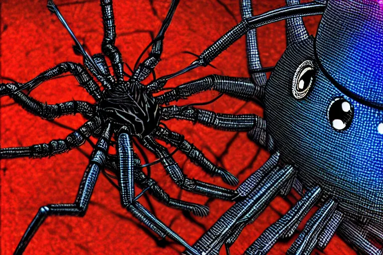 Image similar to steampunk spider!, in the style of denitza _ art, trending on artstation, halfrear lighting closeup view anaglyph filter, bokeh, anime, comic book art