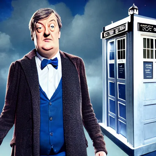 Image similar to stephen fry as doctor who, bbc promotional artwork, mid range shot