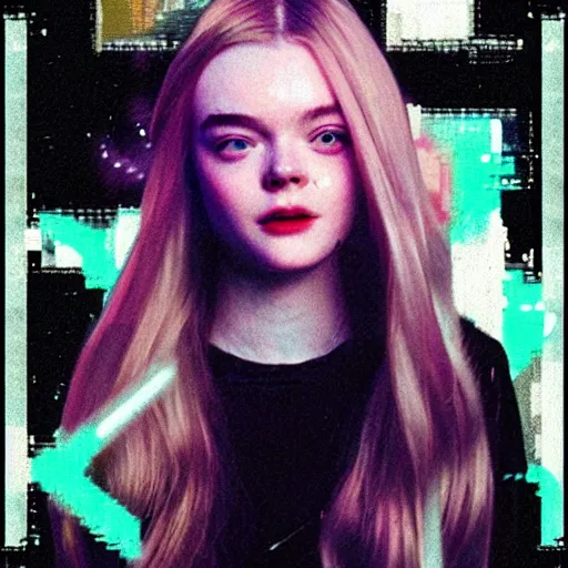 Image similar to VHS glitch art of Elle Fanning