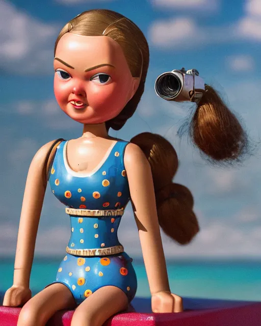 Image similar to closeup face profile portrait of a tin toy retro 1 9 5 0 s greta thunberg, bikini, depth of field, zeiss lens, fashion photoshoot by nicoletta ceccoli, mark ryden, lostfish, breathtaking, detailed and intricate environment, 8 k resolution, extremely detailed, beautiful, establishing shot, artistic, hyperrealistic, octane render