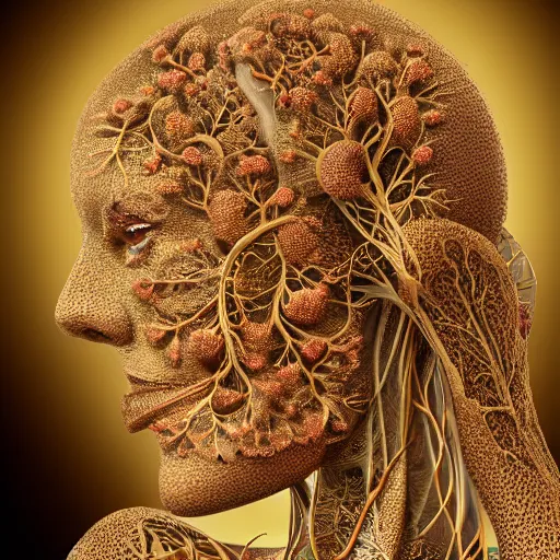 Image similar to beatifull face portrait of a woman, 150 mm, anatomical, flesh, flowers, mandelbrot fractal, facial muscles, veins, arteries, intricate, golden ratio, full frame, microscopic, elegant, highly detailed, ornate, ornament, sculpture, elegant , luxury, beautifully lit, ray trace, unreal, 3d, PBR, in the style of peter Gric , alex grey and Romero Ressendi