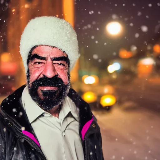 Image similar to Professional portrait of Saddam Hussein wearing a puffy pink jacket and a bucket hat in a snowy city street at night, 8k, dslr, cinematic,