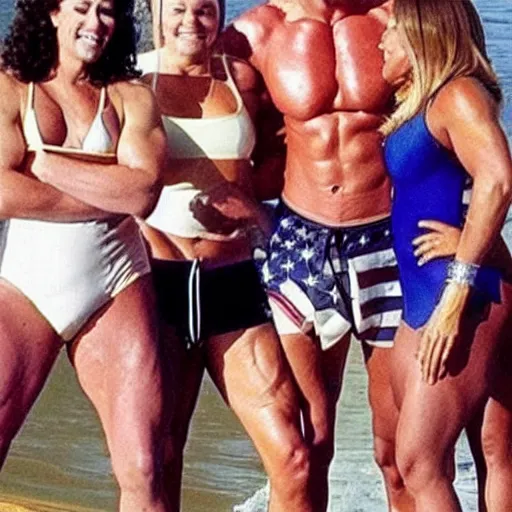 Image similar to extremely buff Donald Trump, steroids, testosterone, lifting weights, laughing, surrounded by women in swimsuits