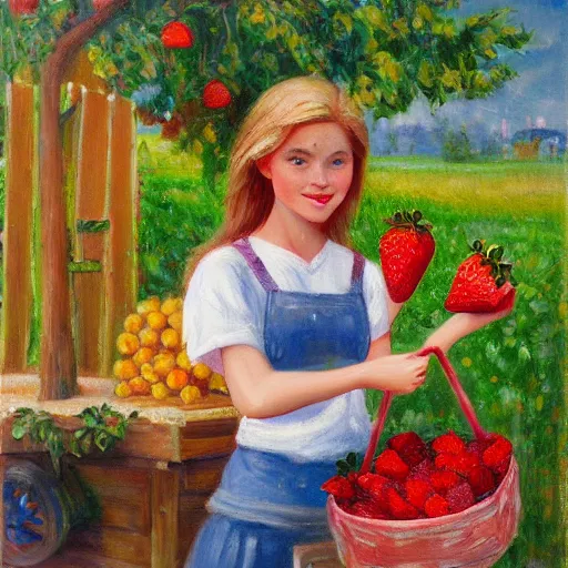 Prompt: Cute Blonde Girl 21 years old with locks sells Strawberries in a fruit stand, the fruit stand is a giant Strawberry, oil on canvas, Impressionism