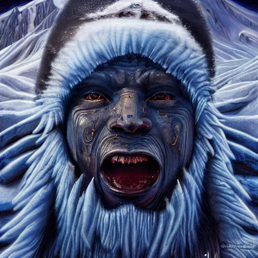 Image similar to mysteries of Antarctica glacial cult mountain god, realistic fantasy, oil painting, extremely high detail, photorealistic, cinematic lighting, oil painting, intricate line drawings, 4k resolution