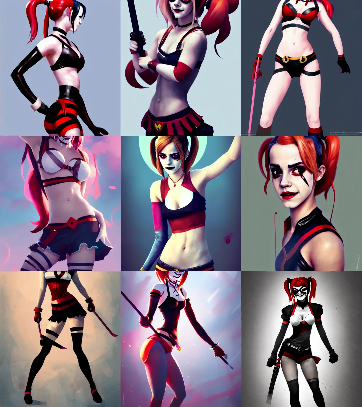 Prompt: attractive Emma Watson as Harley Quinn and Natsuki from DDLC, hourglass slim figure, full body shot close up, seductive smile, details, sharp focus, illustration, by Jordan Grimmer and greg rutkowski, Trending artstation, pixiv, digital Art