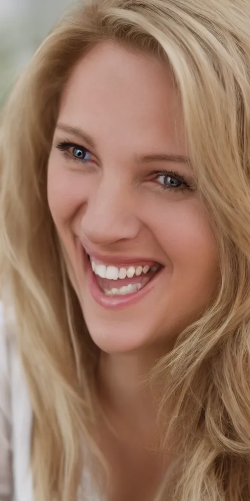 Prompt: blonde white woman smiling, hd, realistic
