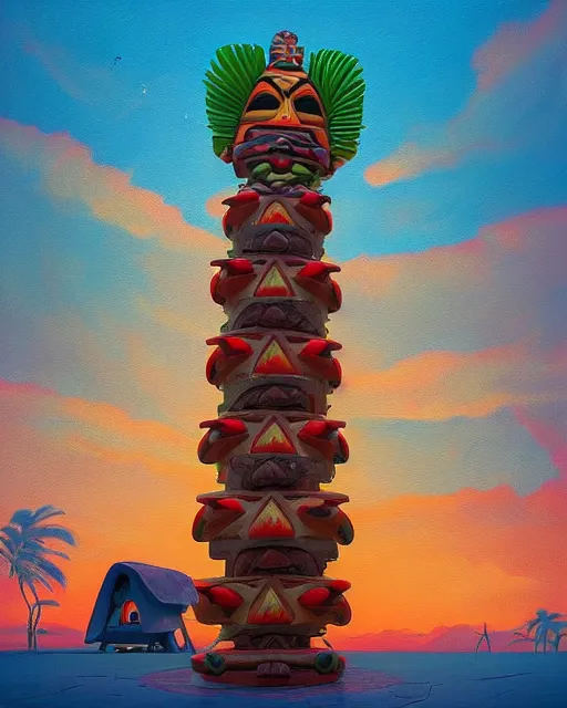 Prompt: a painting of a tribal tiki hut with a totem pole, a surrealist painting by Naoto Hattori, sunset, by Beeple, symmetry, by Makoto Shinkai and Lois van baarle, trending on deviantart, pop surrealism, lowbrow,, whimsical