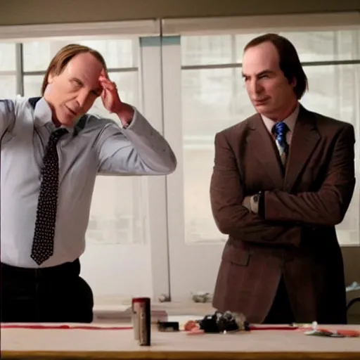 Prompt: saul goodman's character portrayed by bob odenkirk, from the show, breaking bad and better call saul, hitting an enormous, complex dab rig with christian bale's character, patrick bateman from american paycho.