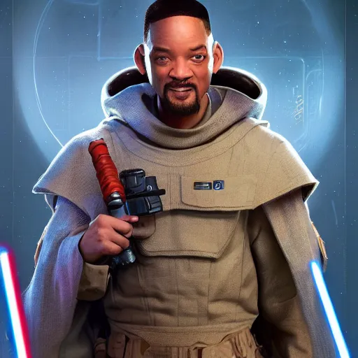 Image similar to will smith as a jedi, starwars, hyper detailed, digital art, trending in artstation, cinematic lighting, studio quality, smooth render, unreal engine 5 rendered, octane rendered