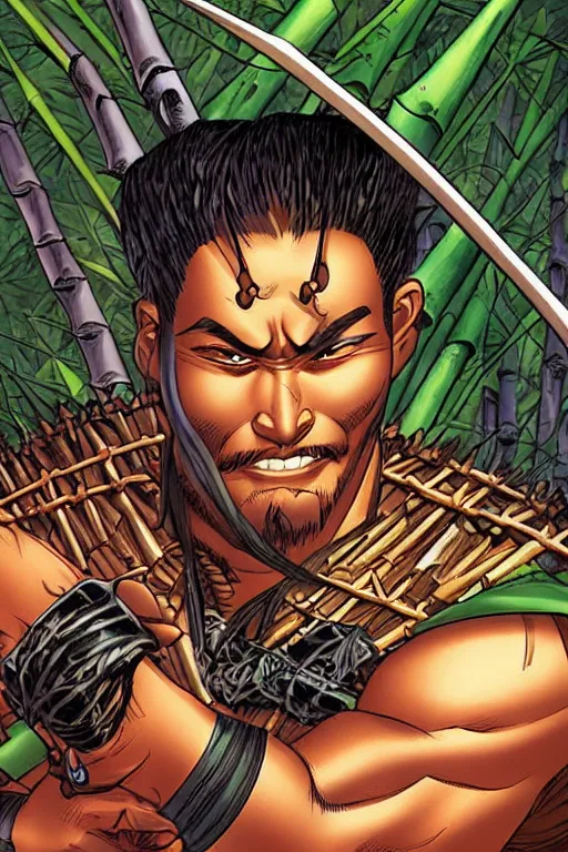 Image similar to close up of samurai warrior in a bamboo forest, by joe madureira and hicham habchi