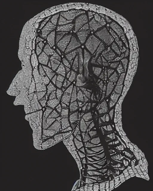 Image similar to a man's face in profile, wearing a collared shirt, made of intricate decorative lace leaf skeleton, in the style of the dutch masters and gregory crewdson, dark and moody