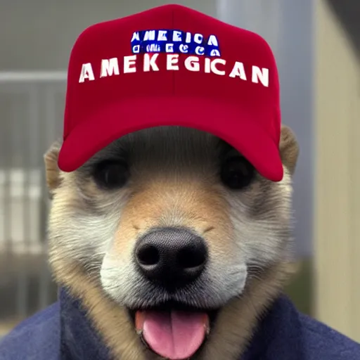 Image similar to doge wearing a make america great again cap, realistic, 8 k,